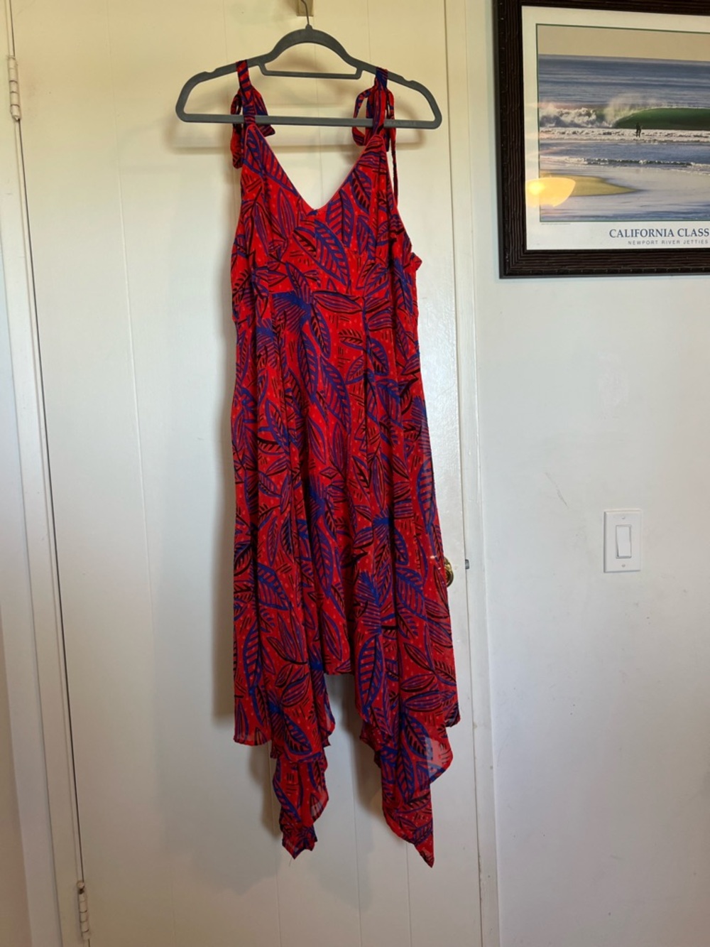 Alexis Red and Blue Leaf-Print Tie-Strap Sundress